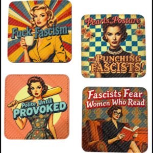 Retro Feminist Coaster Set – 4-Pack Anti-Fascist Drink Coasters