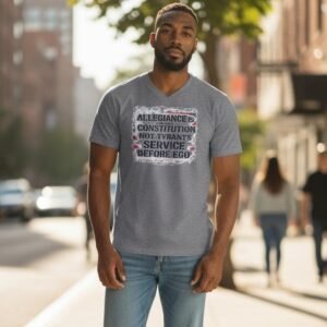 Statement graphic t-shirt featuring bold text design centered on the chest