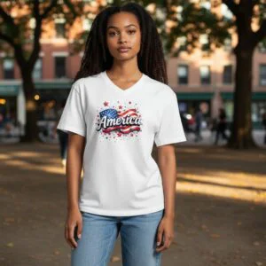 Model wearing a V-neck t-shirt with a centered America script graphic in an outdoor setting.