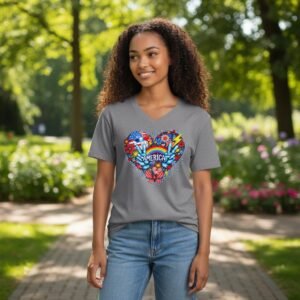 V-neck t-shirt featuring a heart-shaped America graphic with peace signs and expressive decorative elements.