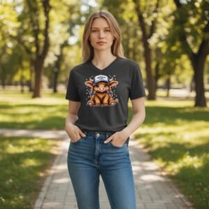 Graphic t-shirt featuring a cute cow character wearing an American Girl hat