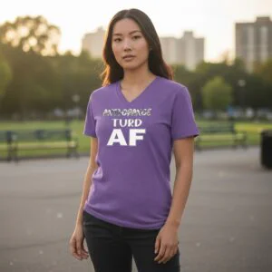 Graphic t-shirt featuring bold text reading “Anti Orange Turd AF”