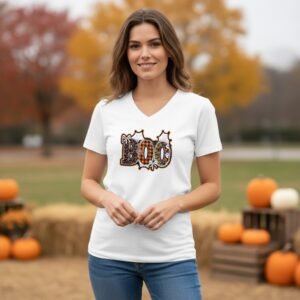 Graphic t-shirt featuring a decorative “BOO” Halloween design with spooky accents