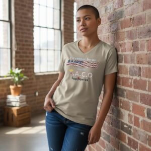 Model wearing a V-neck t-shirt with the text “I’d rather be an American than a T.A.C.O supporter” on the front.