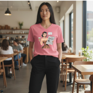 Graphic t-shirt featuring a retro illustrated figure holding a newspaper with the phrase “Manifesting a Historic Headline.”