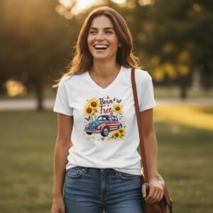 Graphic t-shirt featuring a retro car illustration with a Born Free message