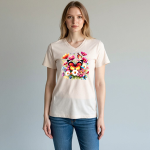 Graphic t-shirt featuring a butterfly surrounded by detailed floral elements