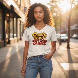 Graphic t-shirt featuring bold text that reads “Cheeto Dust Can’t Cover Crimes”