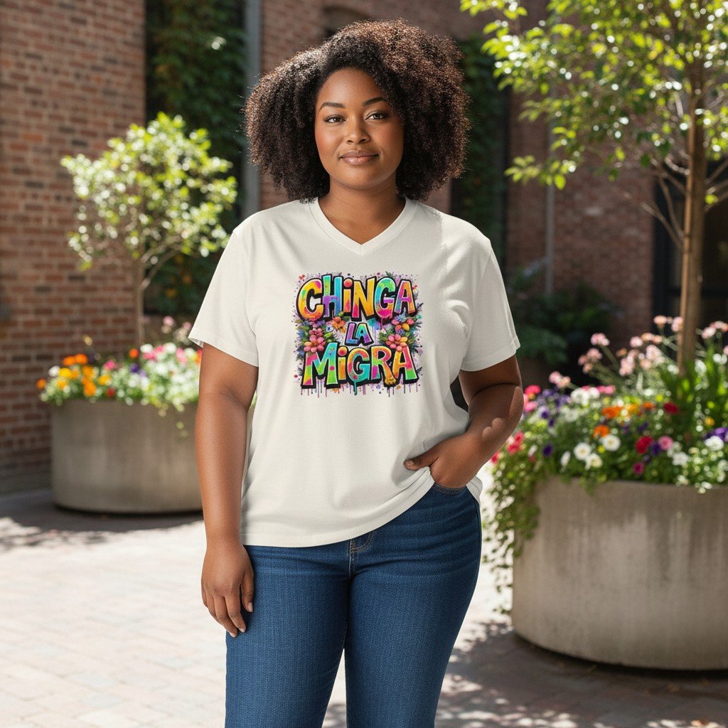 ChingaLaMigra-Original Flowers Graphic t-shirt with colorful graffiti text and floral artwork