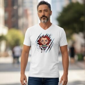 Graphic t-shirt featuring a stitched doll character tearing through the fabric in a bold horror-inspired design.