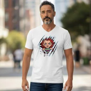 Graphic t-shirt featuring a stitched doll character tearing through the fabric in a bold horror-inspired design.