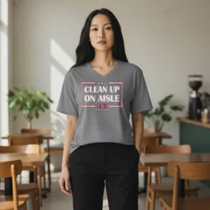 Men’s V-neck graphic T-shirt with “Clean Up On Aisle 47” text printed on the front.