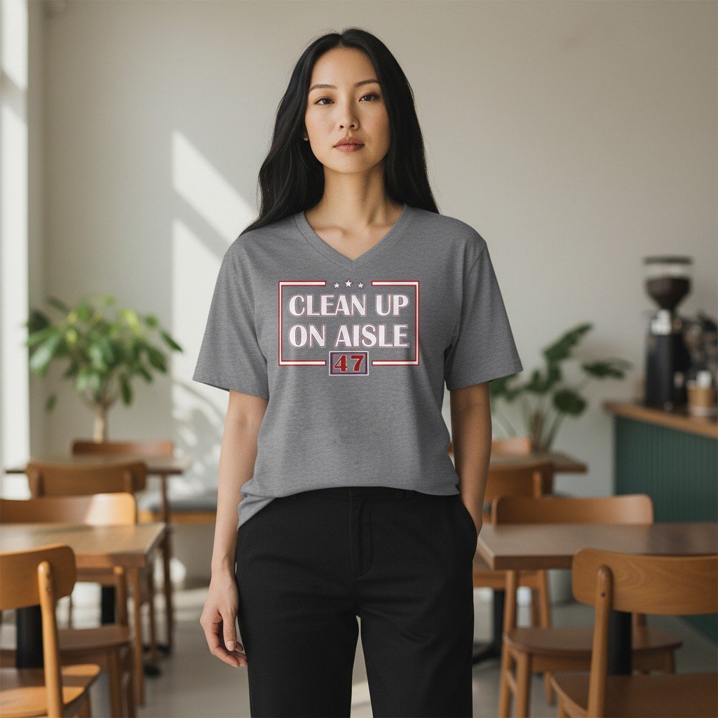 CleanUp47 Men’s V-neck graphic T-shirt with “Clean Up On Aisle 47” text printed on the front.