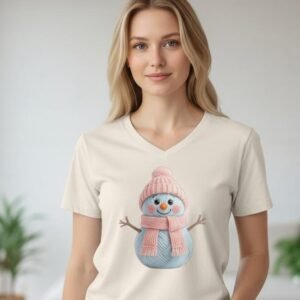 Women’s V-neck T-shirt featuring a snowman graphic on the front.
