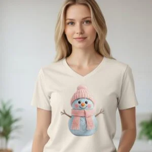 Women’s V-neck T-shirt featuring a snowman graphic on the front.