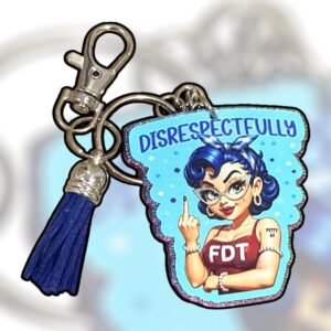 Christina Talks Tea Disrespectfully FDT keychain with retro illustration and blue tassel