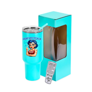 40oz stainless steel tumbler featuring a sassy FDT character with a bold disrespectful message and clear lid