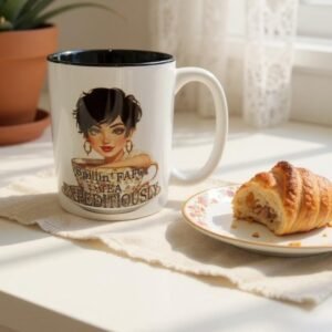 Christina Talks Tea Spillin’ FAFO Tea Expeditiously 15oz mug with black interior on table