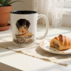 Christina Talks Tea Spillin’ FAFO Tea Expeditiously 15oz mug with black interior on table