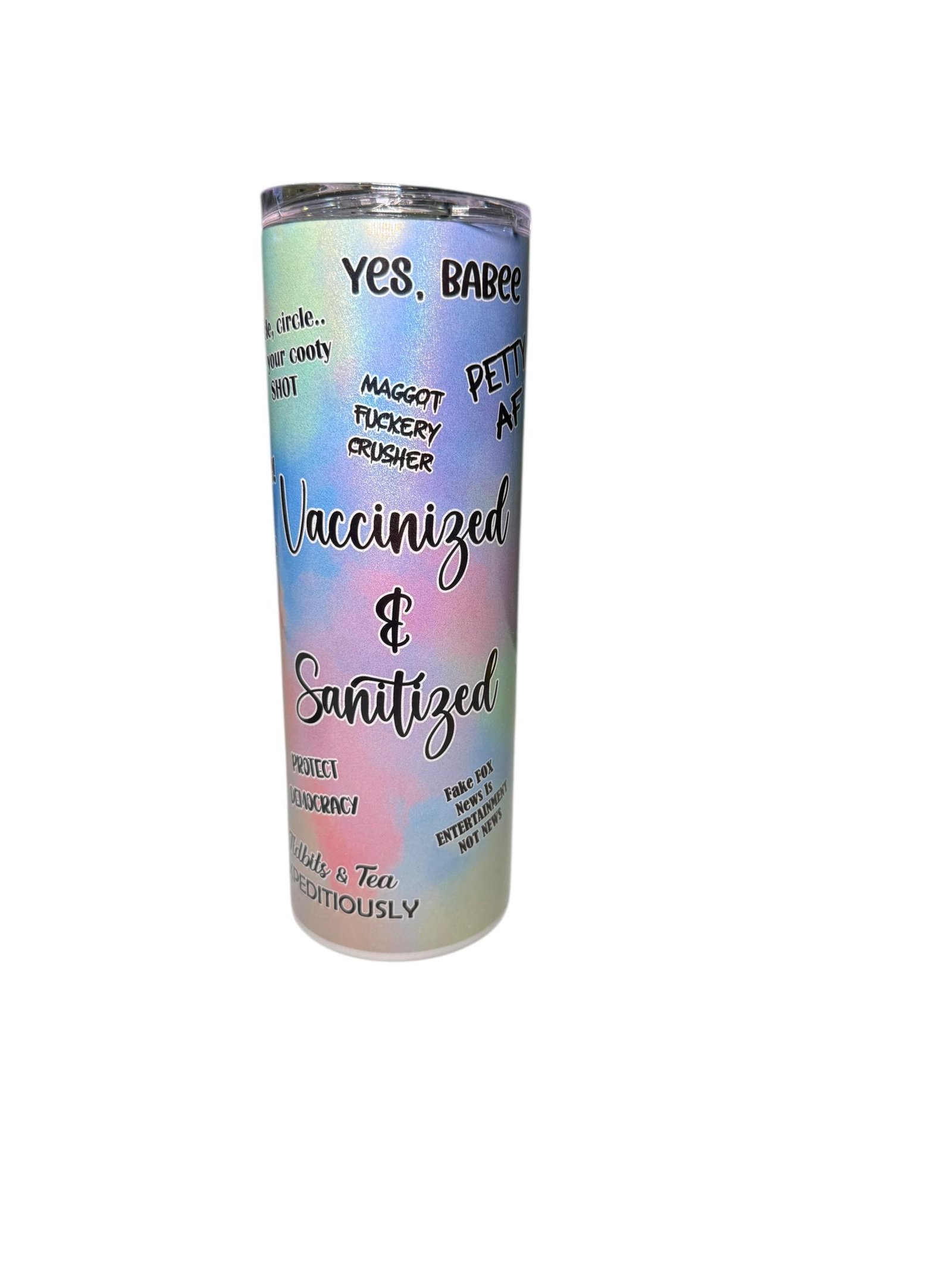 FAFO 20oz 20oz glitter tumbler with pastel rainbow shimmer and bold Christina Talks Tea sayings