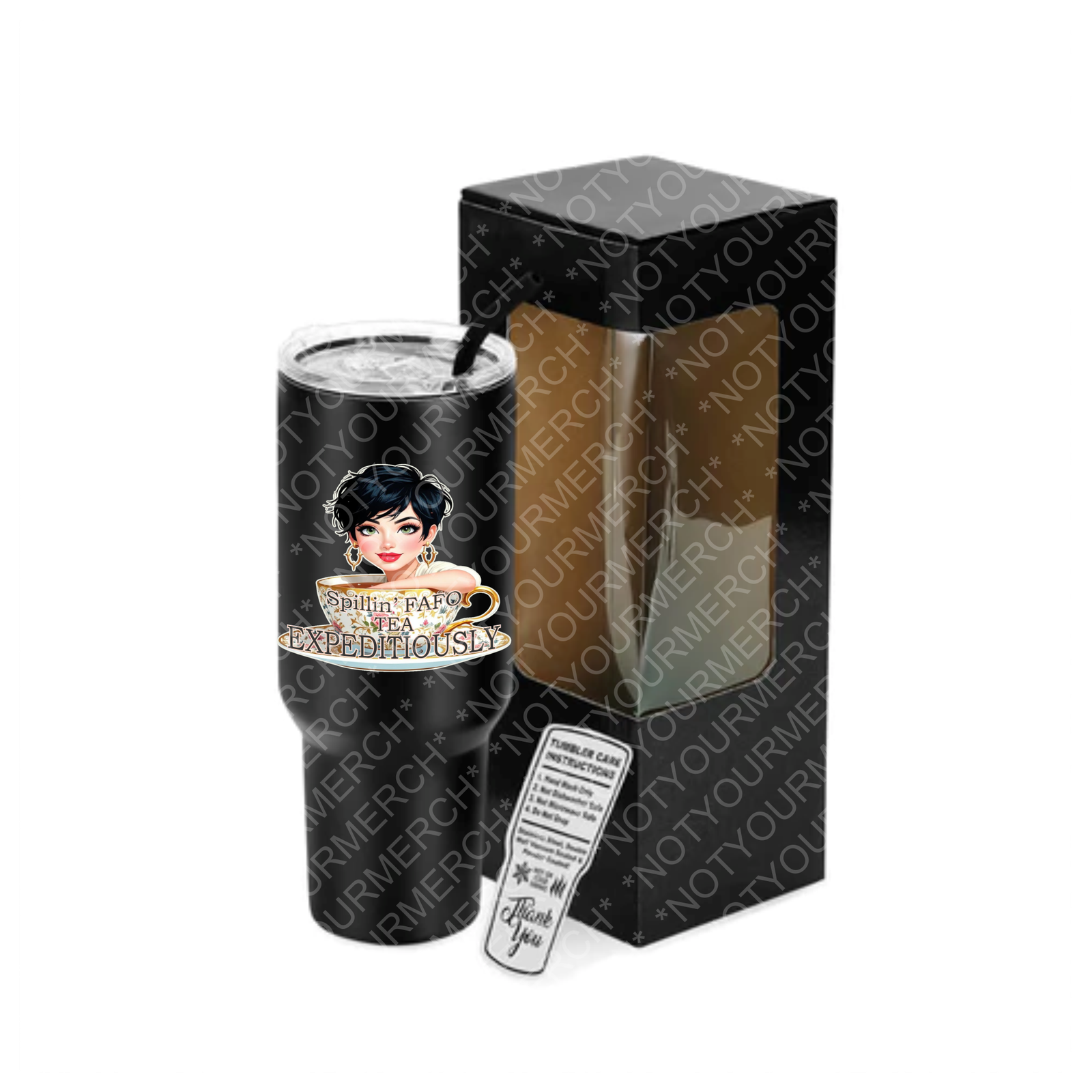 FAFOTea40ozTumblerBlack 40oz stainless steel tumbler featuring the Spillin’ FAFO Tea Expeditiously design from the Christina Talks Tea collaboration