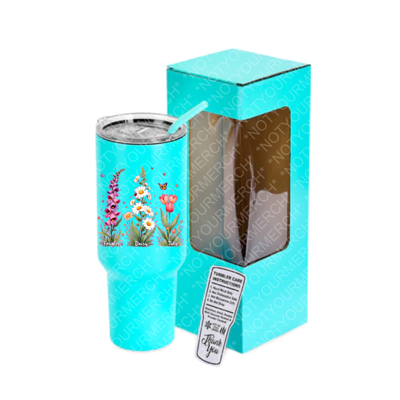 Foxglove40ozAqua 40oz orange stainless steel tumbler featuring foxglove, daisy, and tulip floral illustrations symbolizing FDT