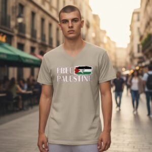 T-shirt featuring a Free Palestine statement graphic displayed on the front