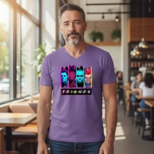 T-shirt featuring a horror-inspired parody graphic with illustrated characters on the front