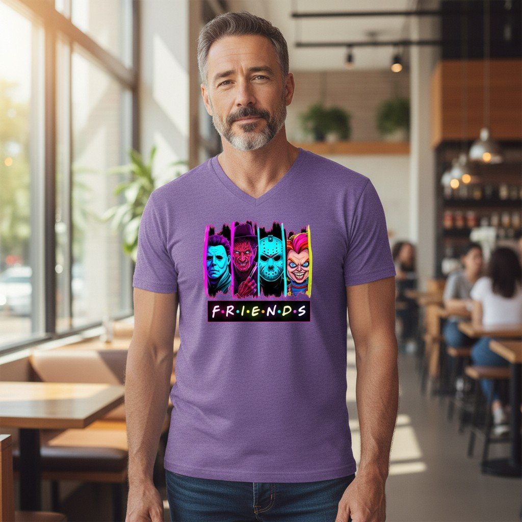 Friends T-shirt featuring a horror-inspired parody graphic with illustrated characters on the front