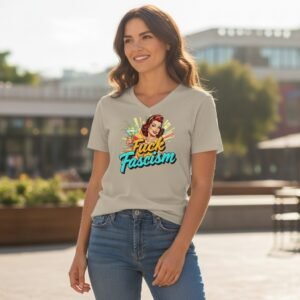 T-shirt featuring a retro-style illustrated statement graphic with bold text on the front