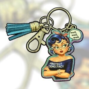 Christina Talks Tea Protect Democracy keychain with retro woman illustration and tassel