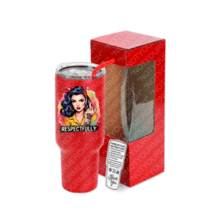 40oz stainless steel tumbler featuring a retro-style FDT girl illustration with a Respectfully statement and clear lid