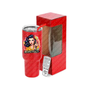 40oz stainless steel tumbler featuring a retro-style FDT girl illustration with a Respectfully statement and clear lid