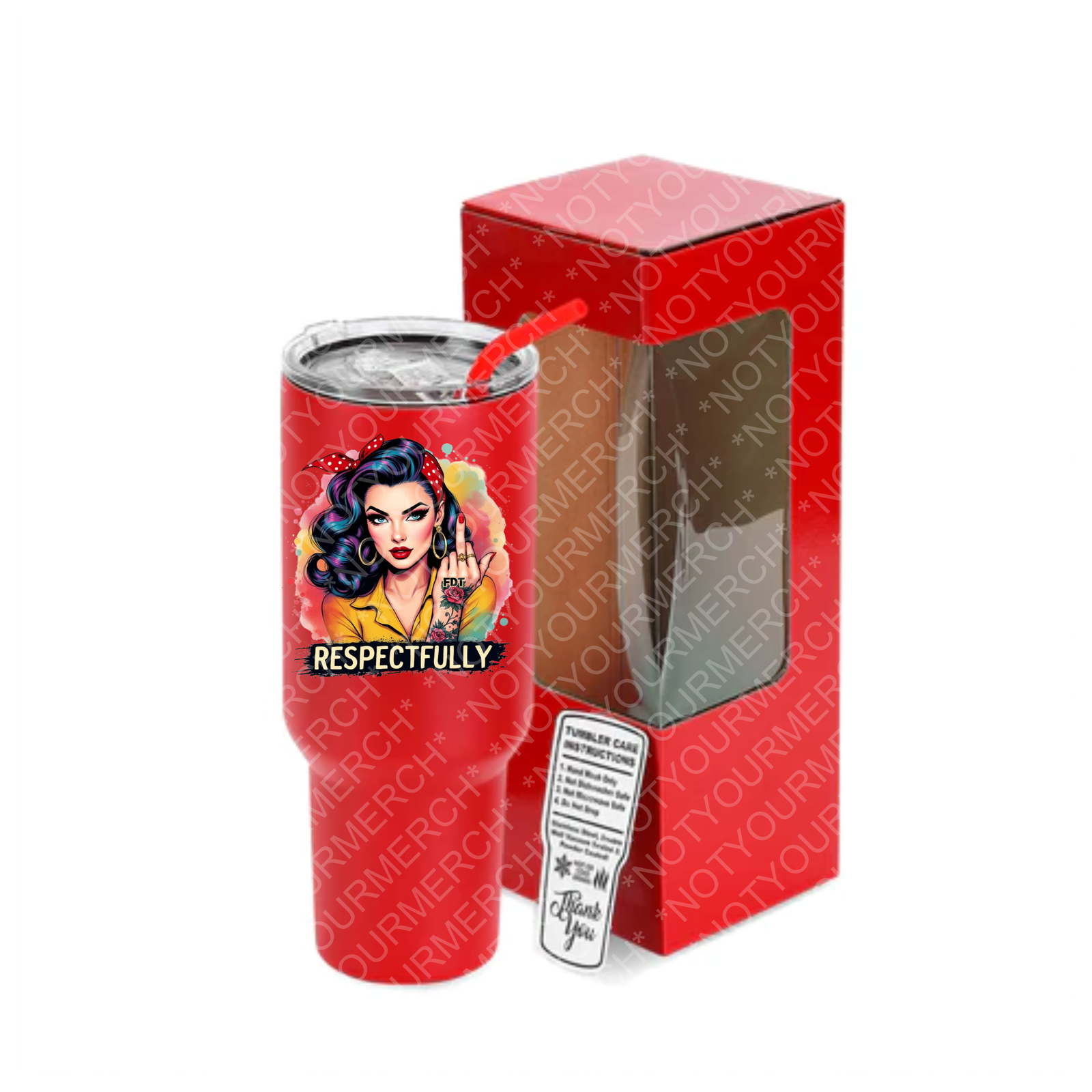 Respectfully40ozRed 40oz stainless steel tumbler featuring a retro-style FDT girl illustration with a Respectfully statement and clear lid