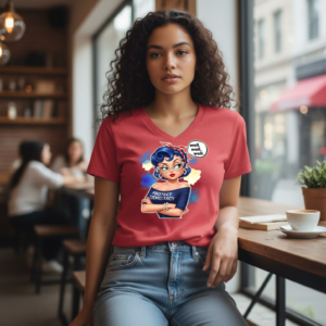 Graphic t-shirt featuring a retro-inspired character with “Protect Democracy” text and a “Well, well, well” speech bubble.