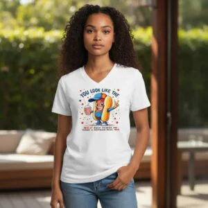 Unisex V-neck graphic T-shirt featuring a cartoon hotdog with humorous Fourth of July themed text.