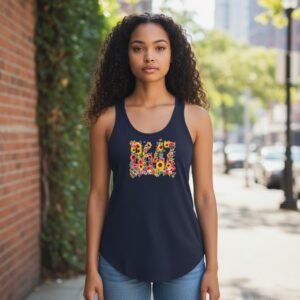 Racerback tank top featuring 8647 lettering filled with floral artwork