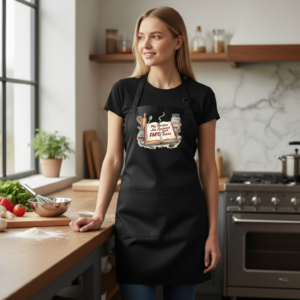 Adjustable apron with illustrated graphic, shown in simple, bows, and ruffles style options.