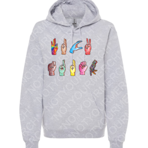 Unisex pullover hoodie featuring illustrated hand gestures arranged to spell a bold statement inspired by sign language.