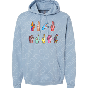 Pullover hoodie featuring illustrated ASL hand signs arranged across the chest in a bold graphic design