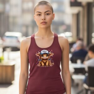 Racerback tank top featuring a cute cow wearing an American Girl hat