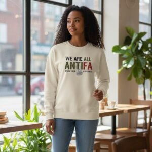 Crewneck sweatshirt featuring a bold text-based graphic with a symbolic illustration centered on the chest