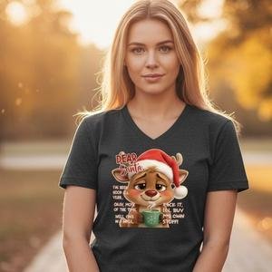 Graphic t-shirt featuring a reindeer character with a sarcastic Dear Santa holiday message