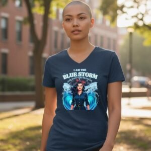 Graphic t-shirt featuring a strong illustrated figure with the phrase “I am the blue storm and won’t be silenced”