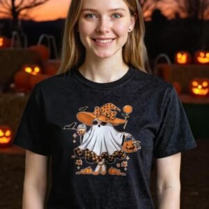 Graphic t-shirt featuring a cute ghost character with Halloween accessories and pumpkins