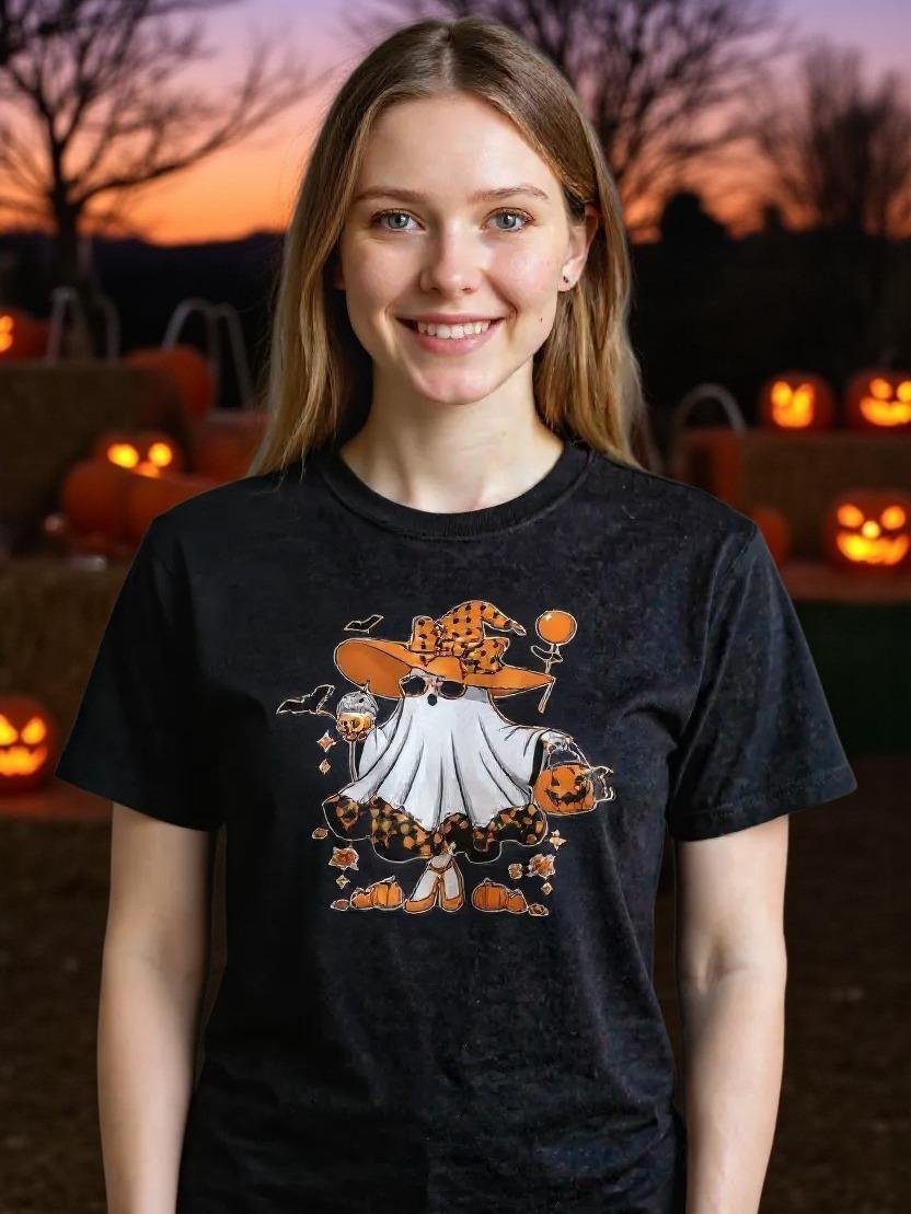 Boujee Ghost Graphic t-shirt featuring a cute ghost character with Halloween accessories and pumpkins