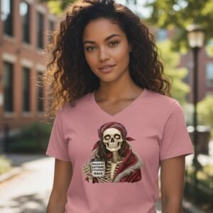 Graphic t-shirt featuring a skeleton holding a mug with a bold feminist message