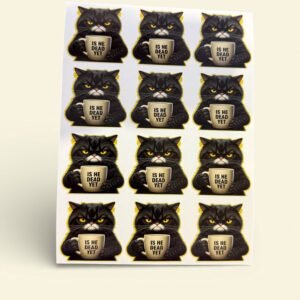 A sheet of vinyl stickers showing a grumpy cat holding a coffee mug with a humorous phrase.
