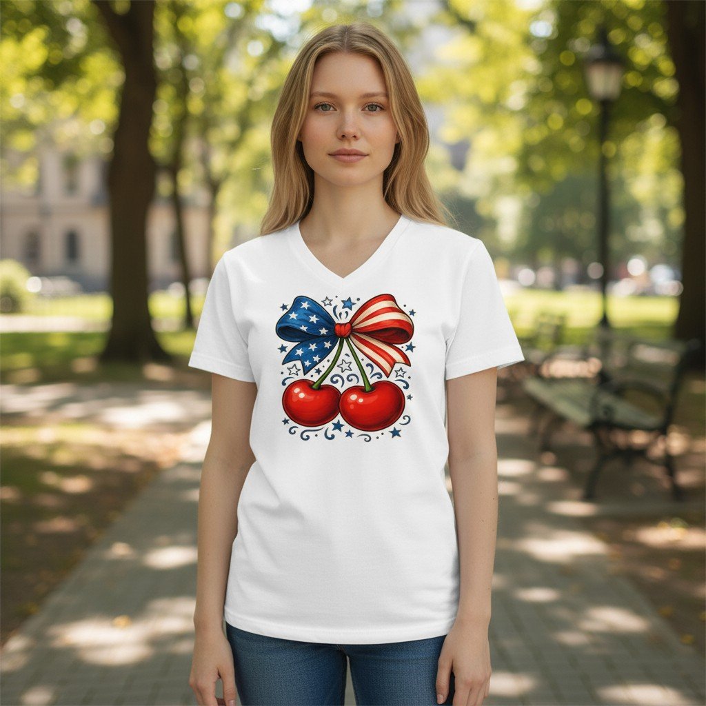 CherryPatrioticBow Graphic t-shirt featuring cherries tied with a star-spangled bow