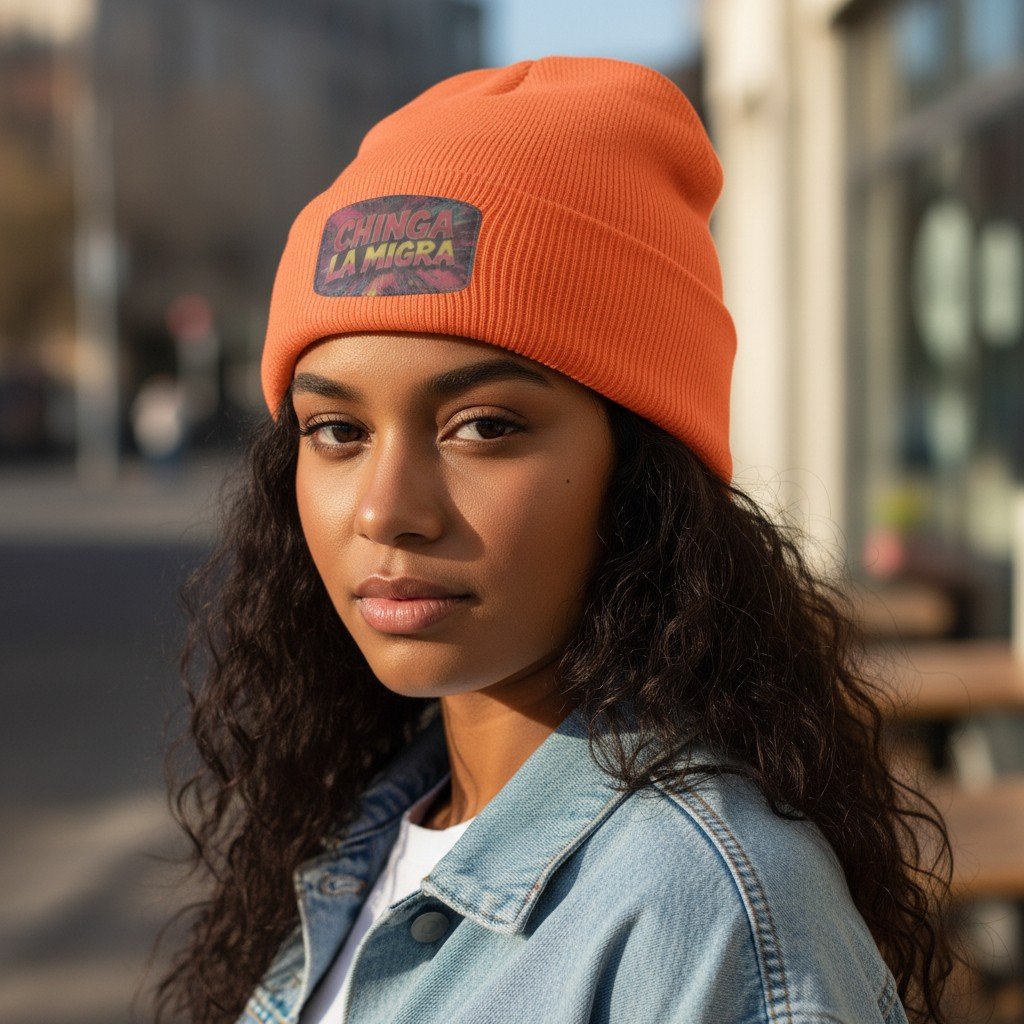 Chinga La Migra Beanie Cuffed beanie featuring the phrase “Chinga La Migra” on the front.